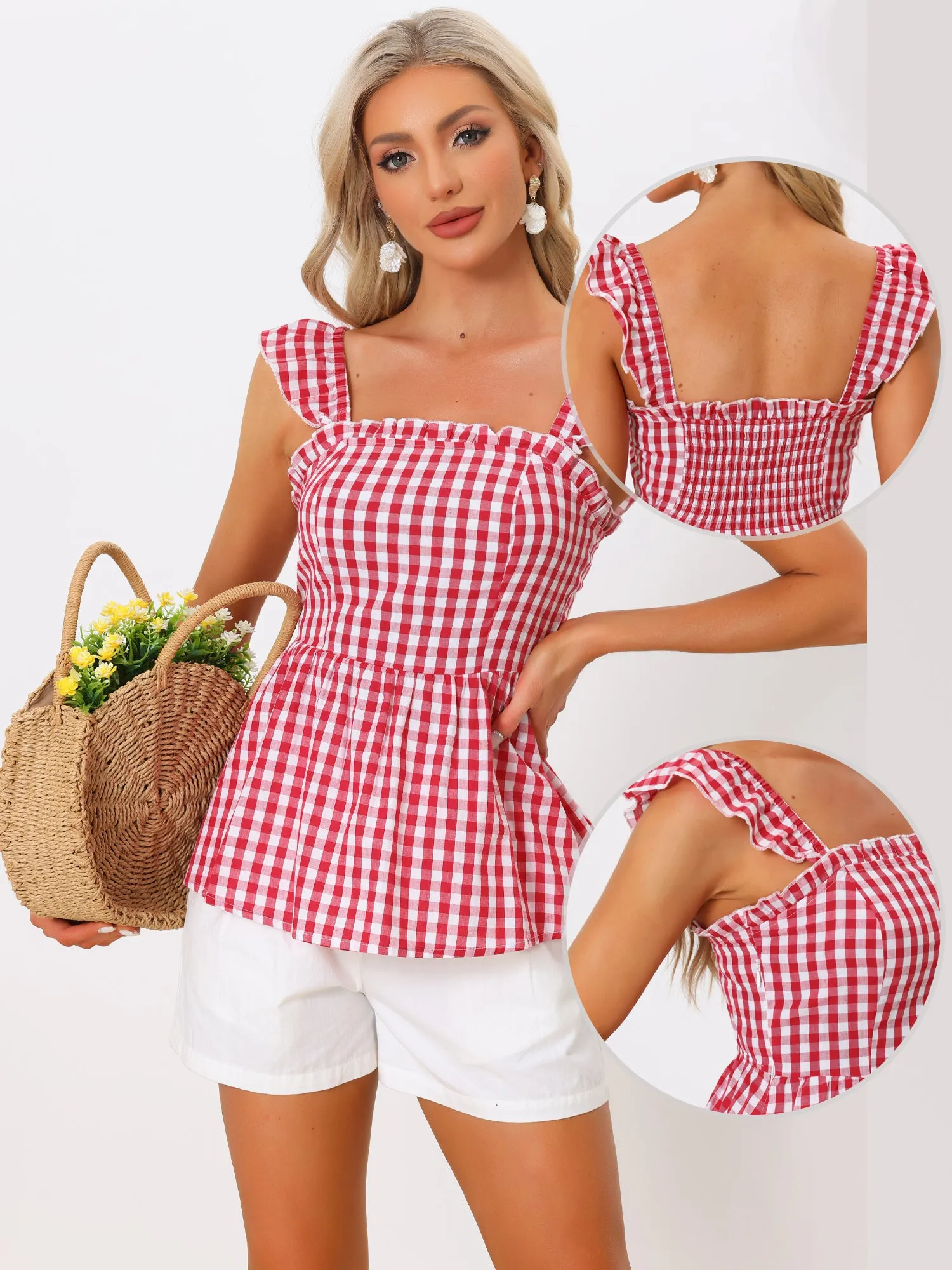 Gingham Peplum Top Summer Square Neck Sleeveless Plaid Blouse sold by Allegra K product image thumbnail 2