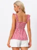 Gingham Peplum Top Summer Square Neck Sleeveless Plaid Blouse sold by Allegra K