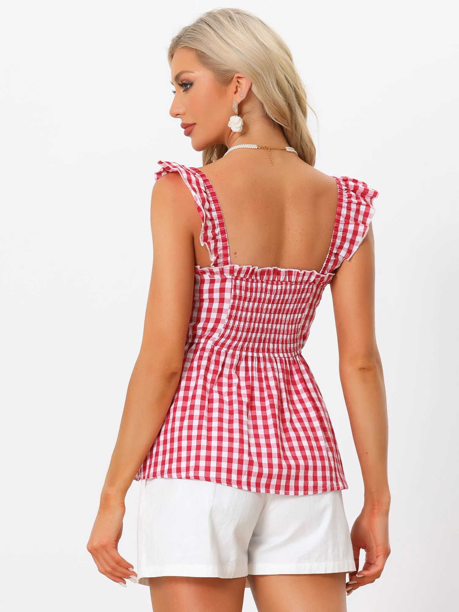 Gingham Peplum Top Summer Square Neck Sleeveless Plaid Blouse sold by Allegra K product image thumbnail 3