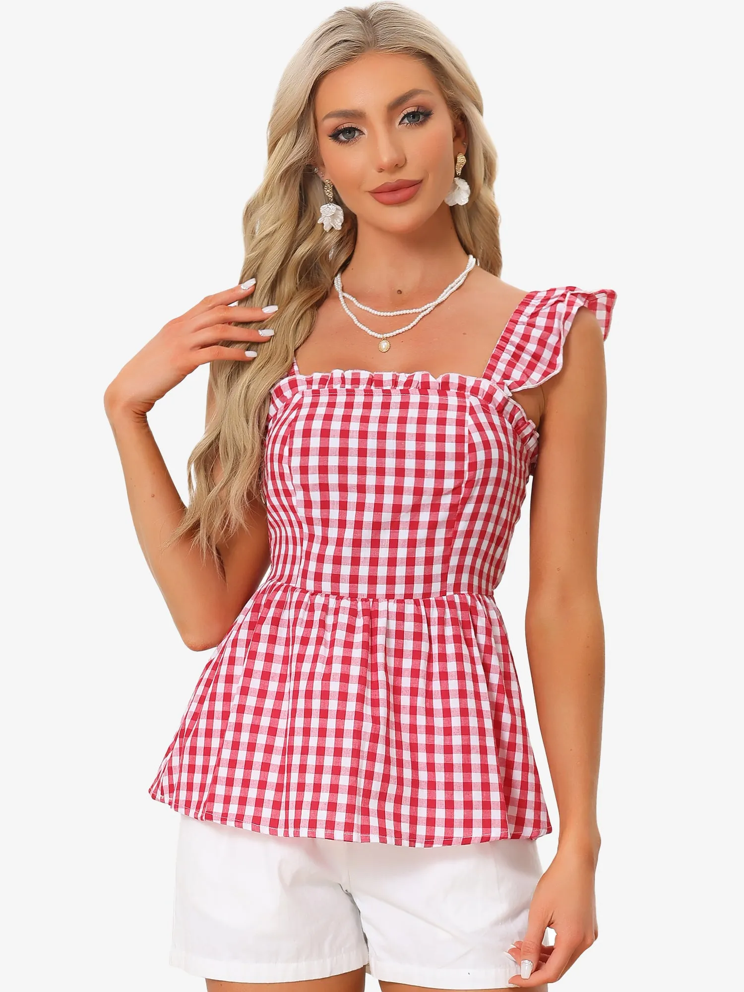 Gingham Peplum Top Summer Square Neck Sleeveless Plaid Blouse sold by Allegra K