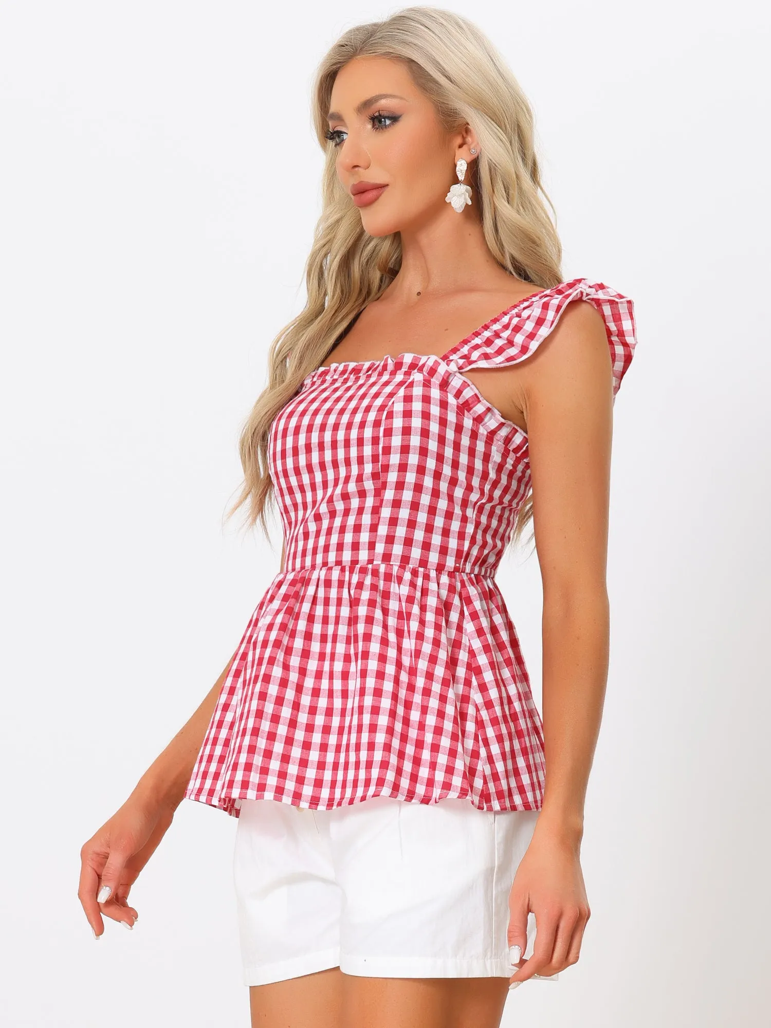 Gingham Peplum Top Summer Square Neck Sleeveless Plaid Blouse sold by Allegra K product image thumbnail 4