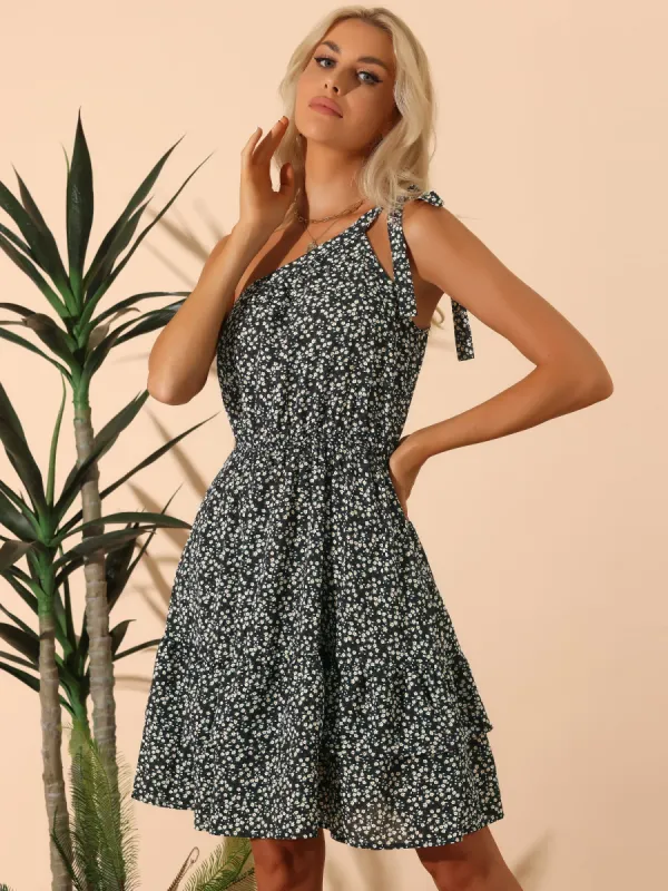 One Shoulder Ruffle Tiered Floral Mini Dress Sundress sold by Allegra K