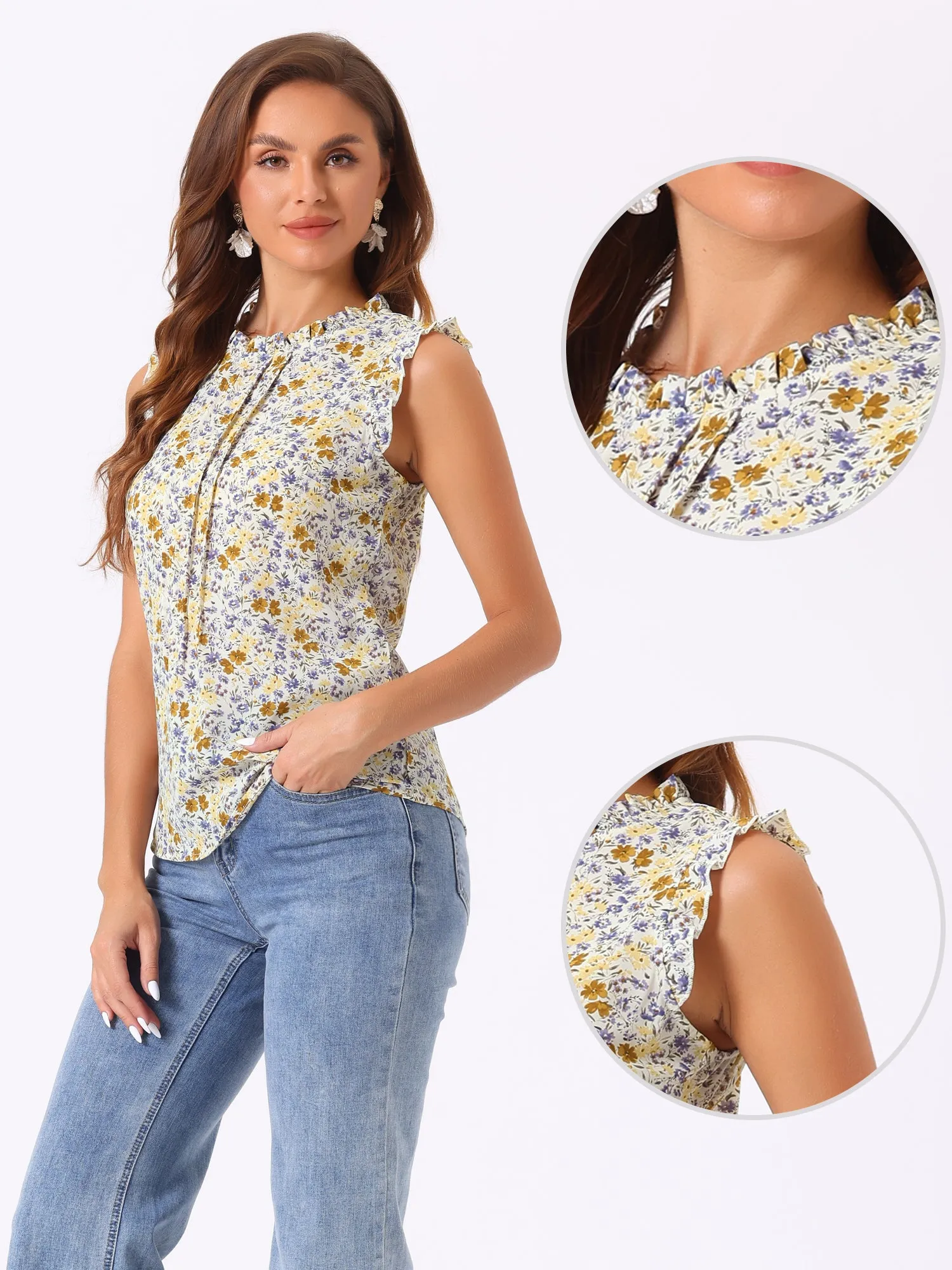 Ruffled Floral Casual 1950s Retro Sleeveless Blouses sold by Allegra K product image thumbnail 4