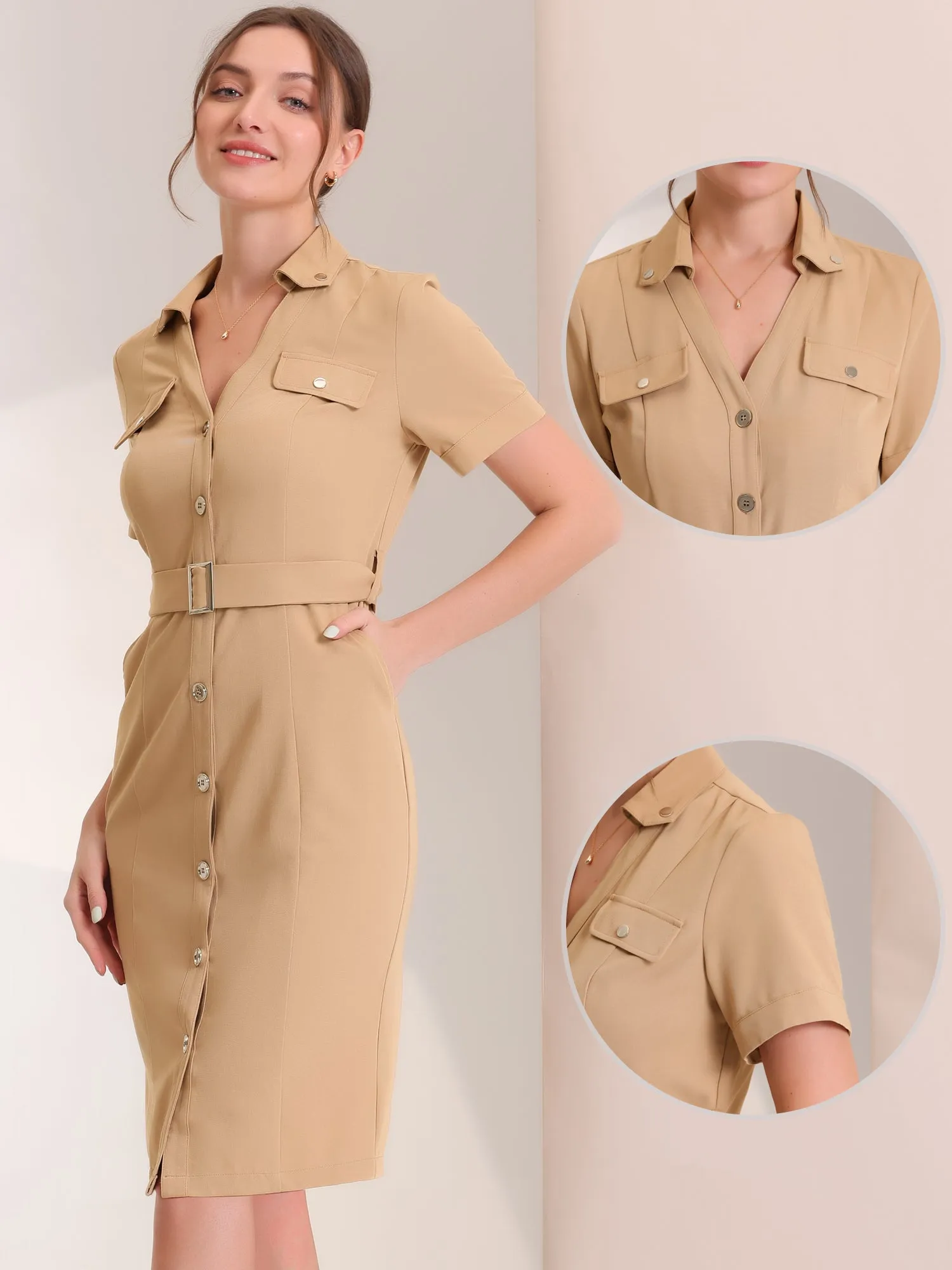 V Neck Belt Waist Short Sleeve Button Down Mini Shirt Dress sold by Allegra K product image thumbnail 2