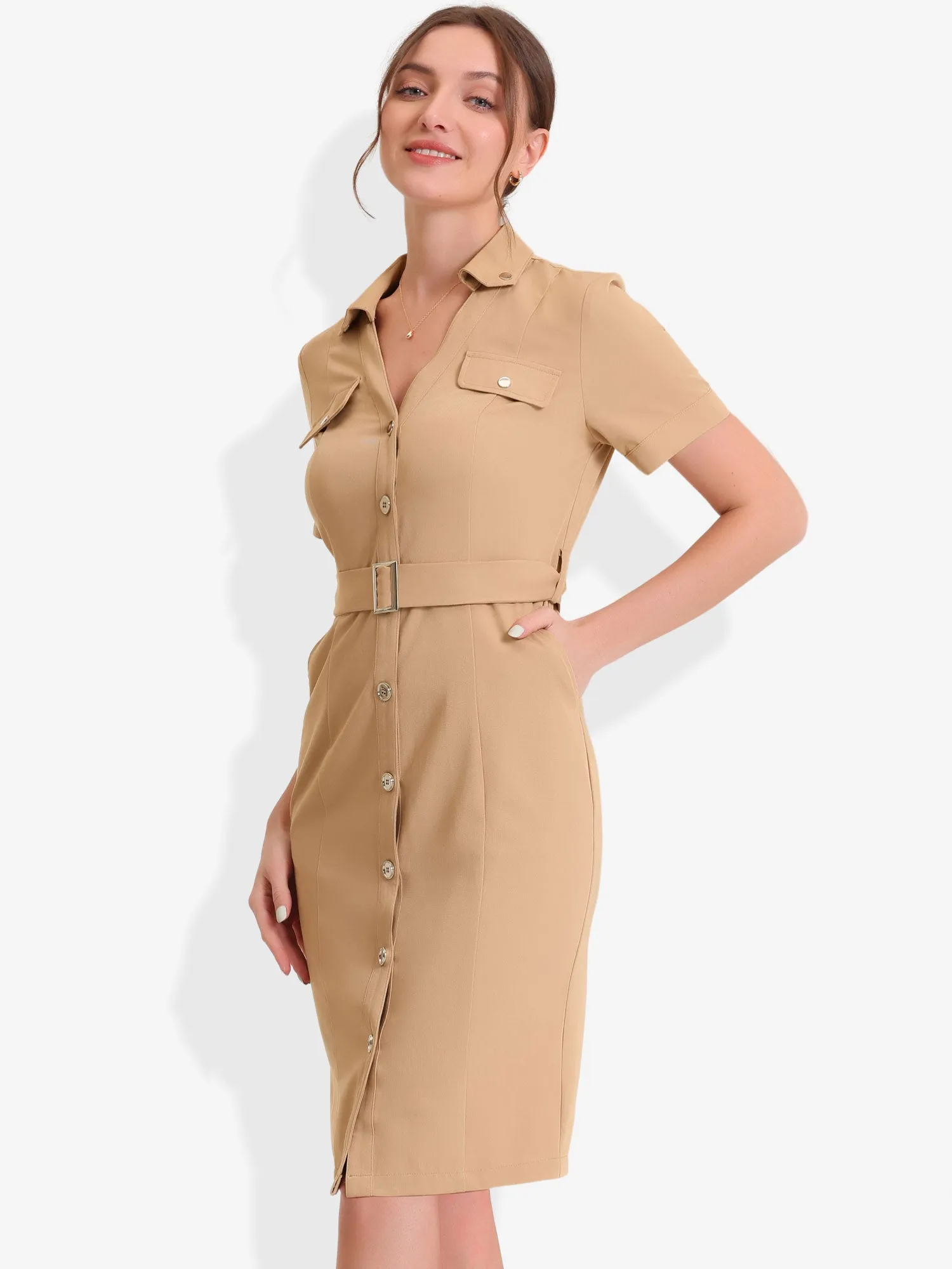 V Neck Belt Waist Short Sleeve Button Down Mini Shirt Dress sold by Allegra K