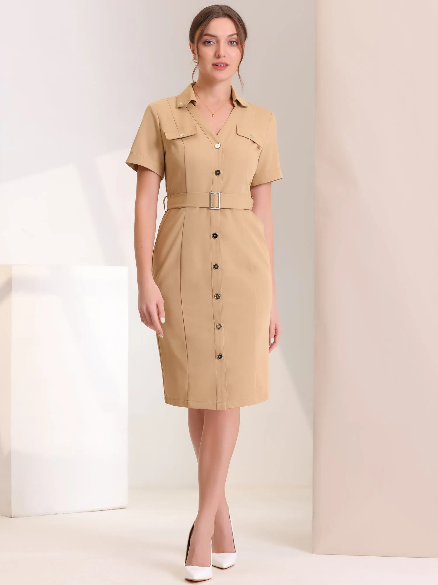 V Neck Belt Waist Short Sleeve Button Down Mini Shirt Dress sold by Allegra K product image thumbnail 3