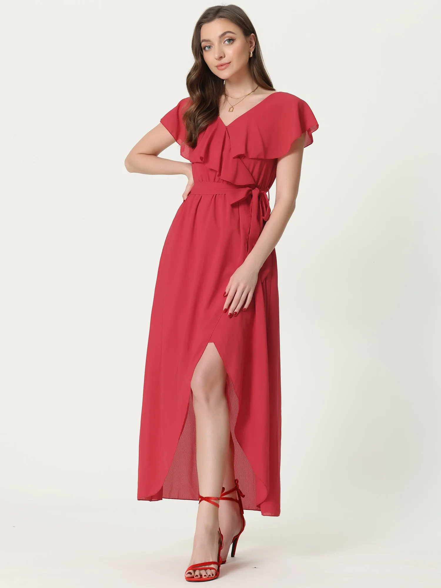 Casual Ruffled Cap Sleeve V Neck Solid Wrap Maxi Dress sold by Allegra K