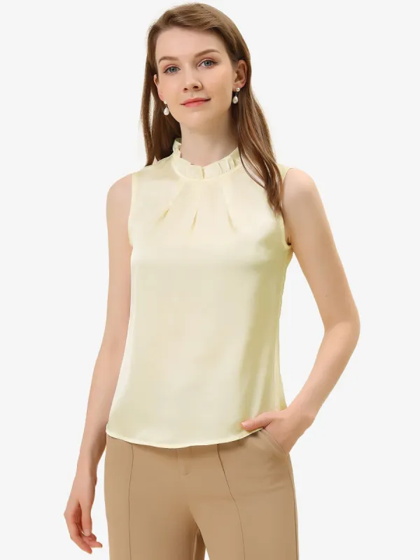 Sleeveless Blouse Mock Neck Ruffles Elegant Satin Work Tops sold by Allegra K