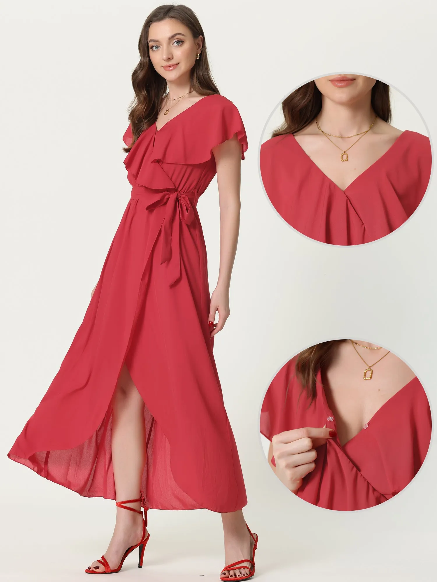 Casual Ruffled Cap Sleeve V Neck Solid Wrap Maxi Dress sold by Allegra K product image thumbnail 2