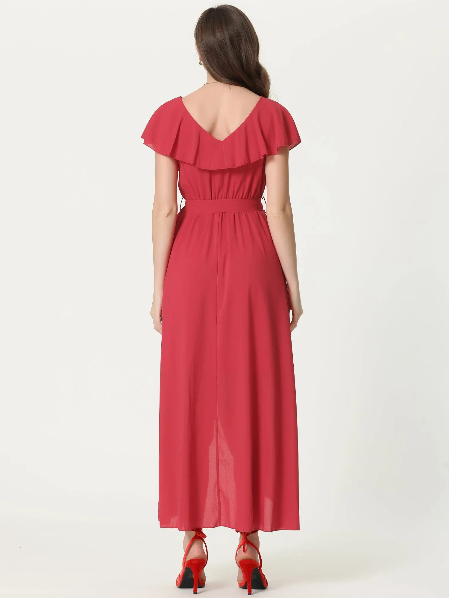 Casual Ruffled Cap Sleeve V Neck Solid Wrap Maxi Dress sold by Allegra K product image thumbnail 3