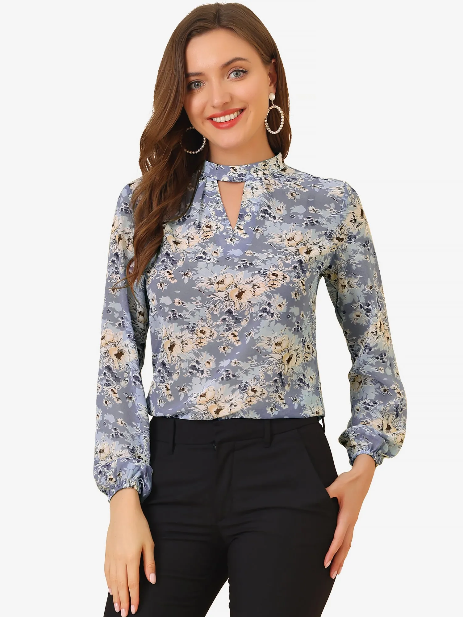 Floral Keyhole Blouse Stand Collar Semi-Sheer Chiffon Work Tops sold by Allegra K