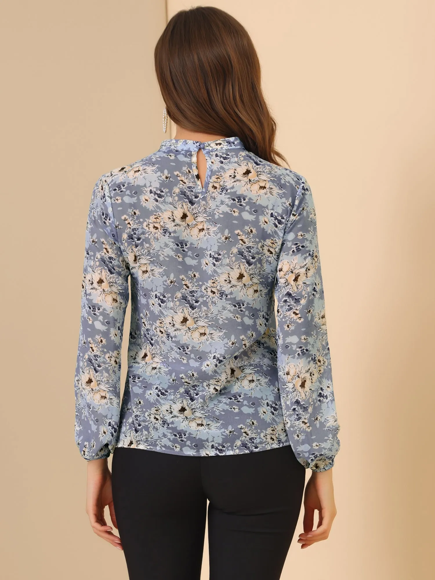 Floral Keyhole Blouse Stand Collar Semi-Sheer Chiffon Work Tops sold by Allegra K product image thumbnail 5