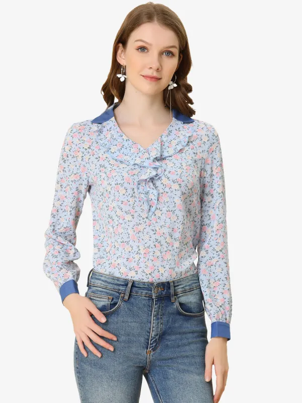 Chiffon Ruffle Flat Collar Tops V Neck Elegant Summer Floral Blouse sold by Allegra K