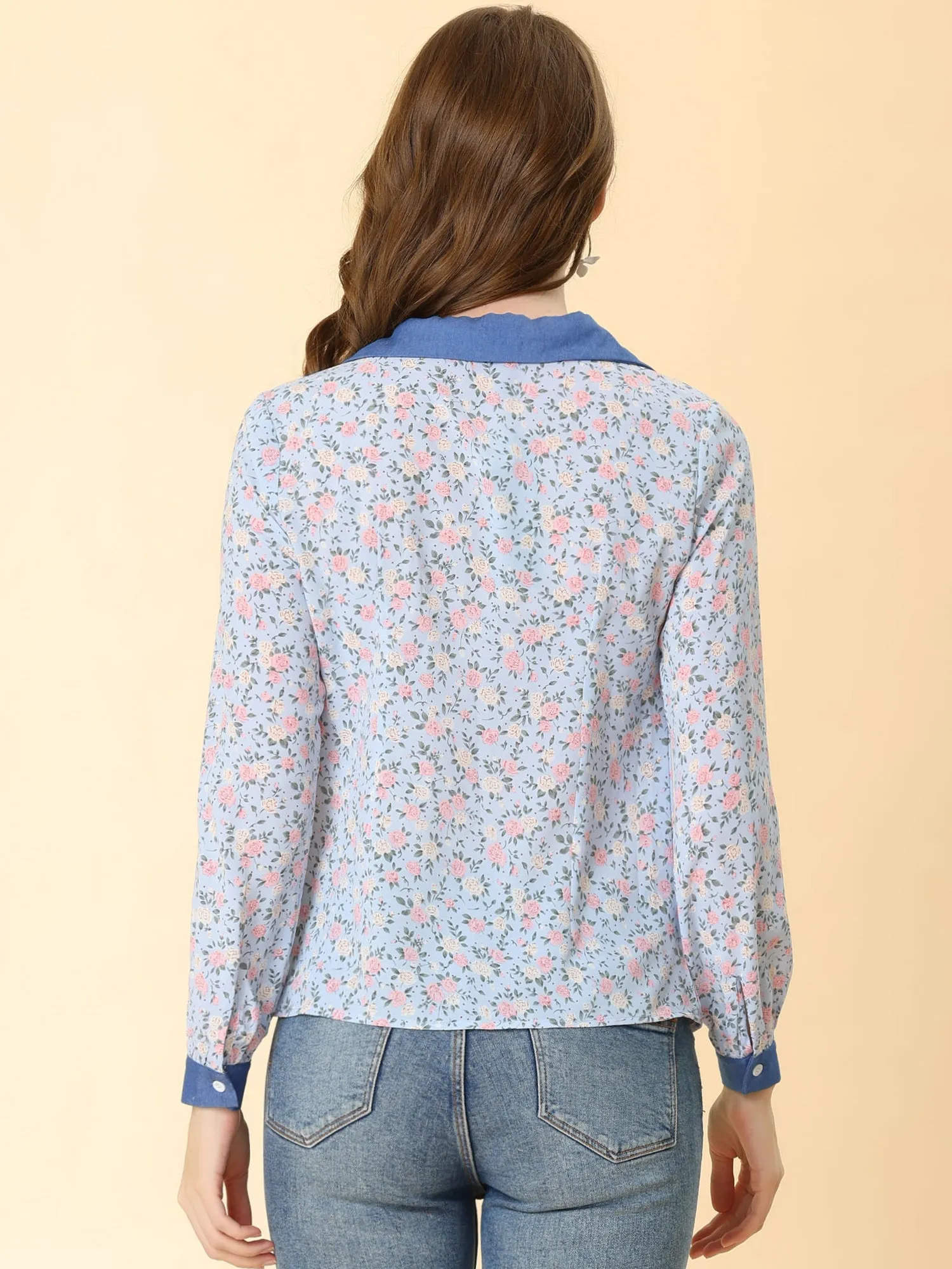 Chiffon Ruffle Flat Collar Tops V Neck Elegant Summer Floral Blouse sold by Allegra K product image thumbnail 5