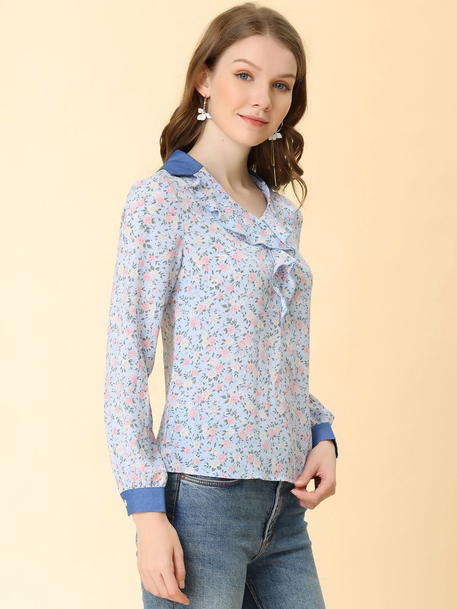 Chiffon Ruffle Flat Collar Tops V Neck Elegant Summer Floral Blouse sold by Allegra K product image thumbnail 4