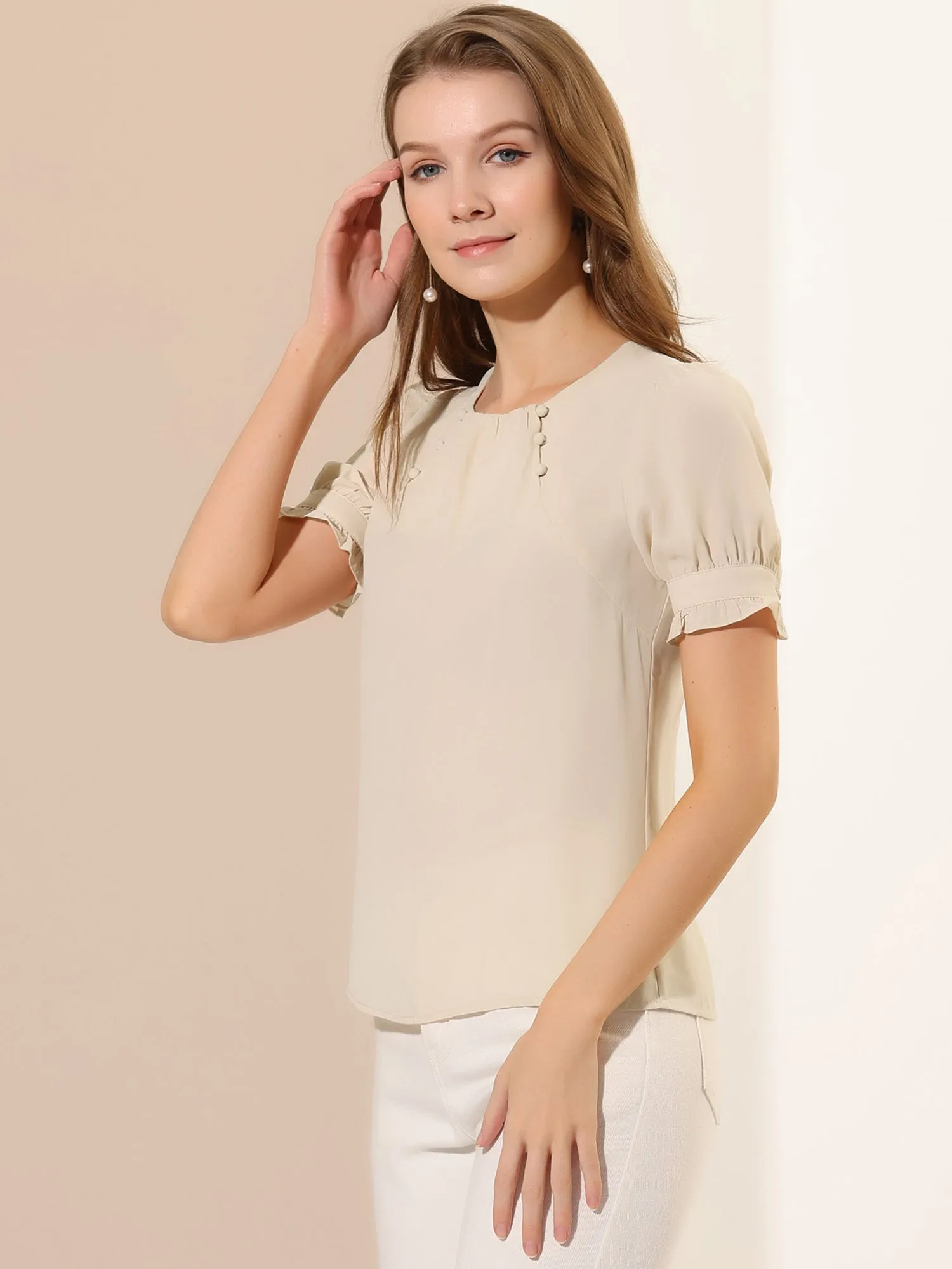 Chiffon Blouse Round Neck Puff Short Sleeve Work Office Top sold by Allegra K product image thumbnail 2