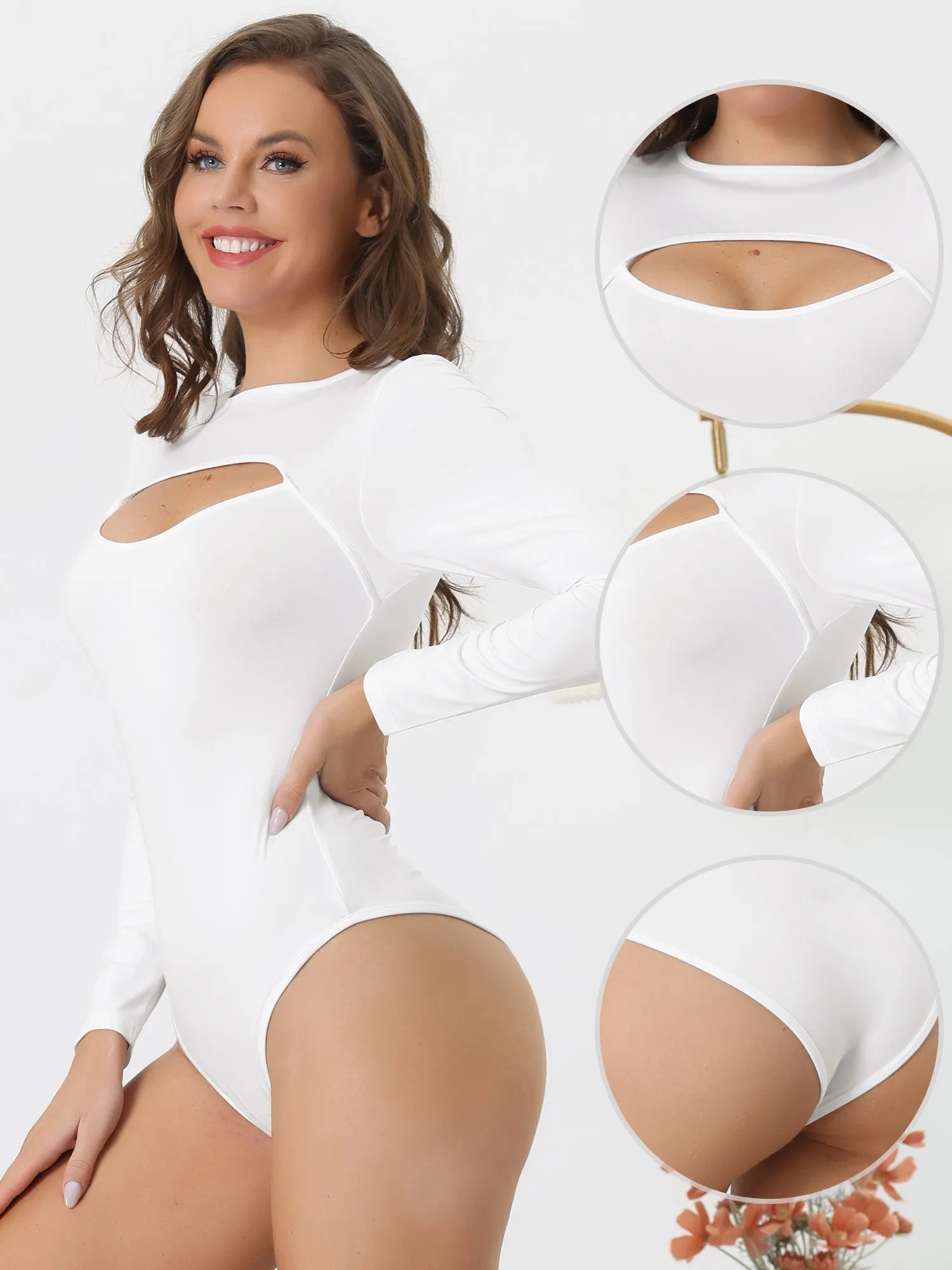 Cut-Out Front Casual Long Sleeve Stretchy Basic Bodysuit sold by Allegra K product image thumbnail 3