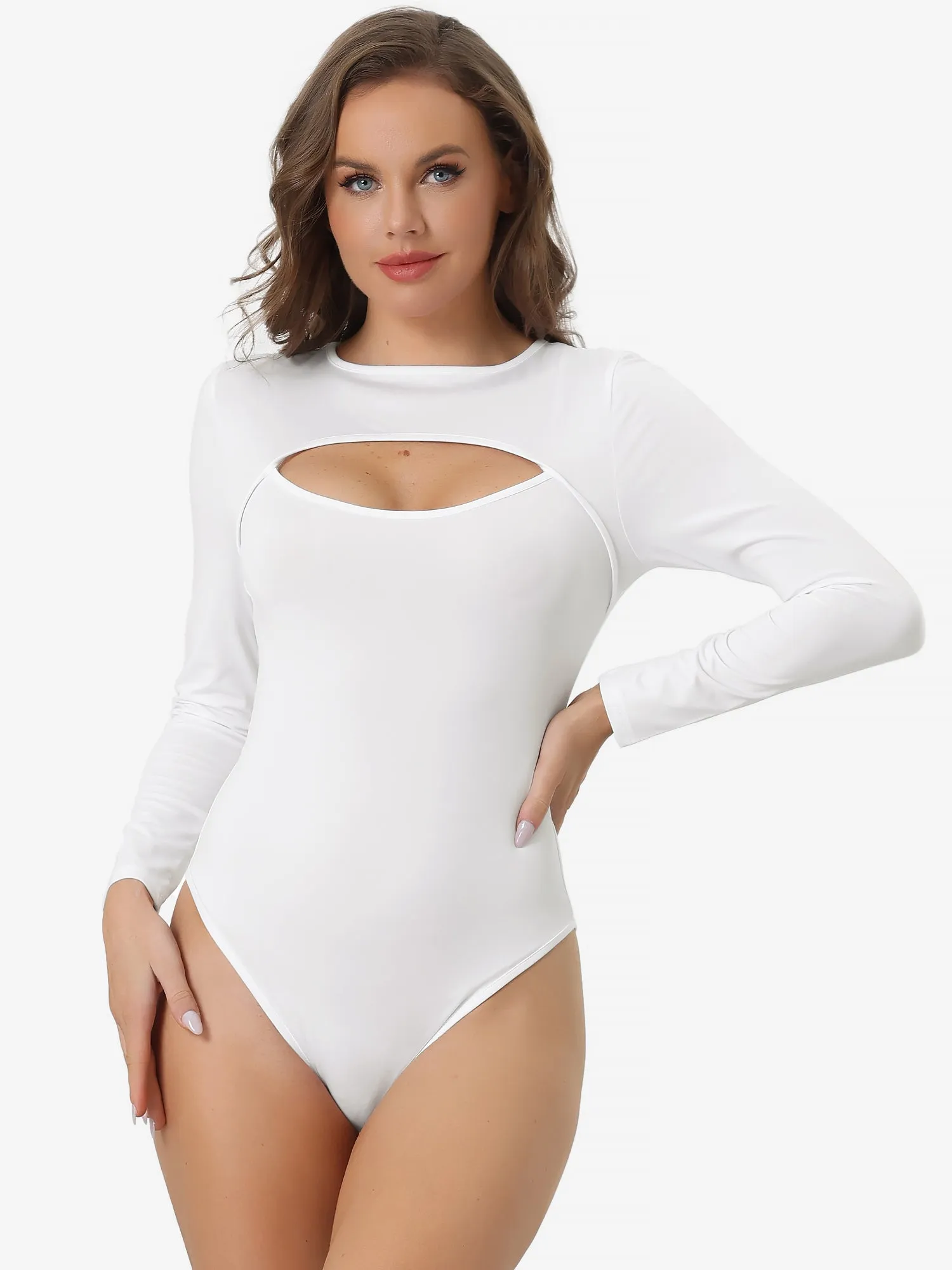 Cut-Out Front Casual Long Sleeve Stretchy Basic Bodysuit sold by Allegra K