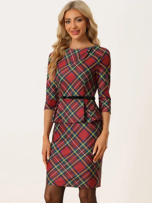 Bodycon Pencil Round Neck 3/4 Sleeve Peplum Belt Plaid Sheath Dress sold by Allegra K