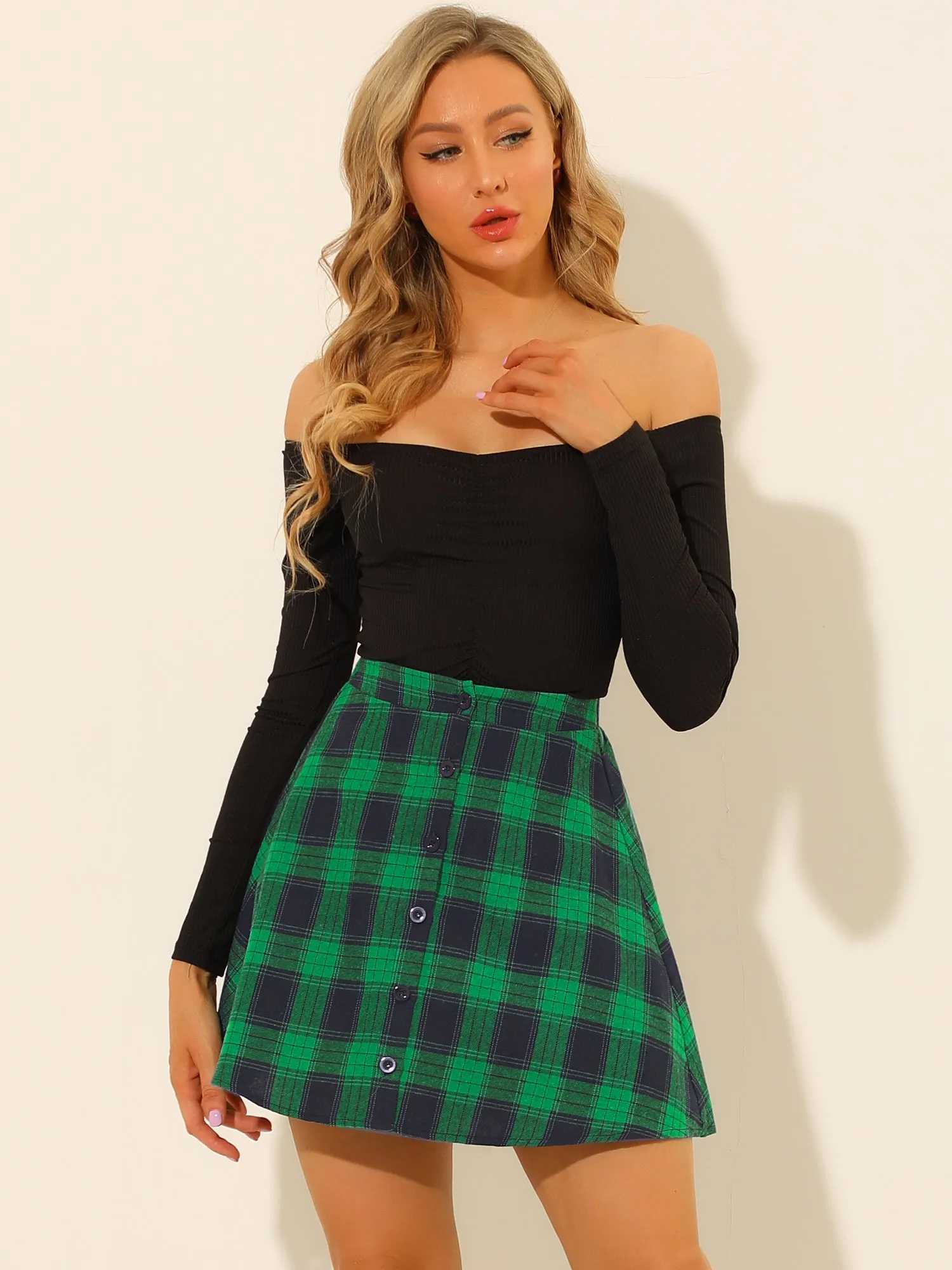 Saint Patrick's Day Button Front A-Line Mini Plaid Skater Skirt sold by Allegra K product image thumbnail 3