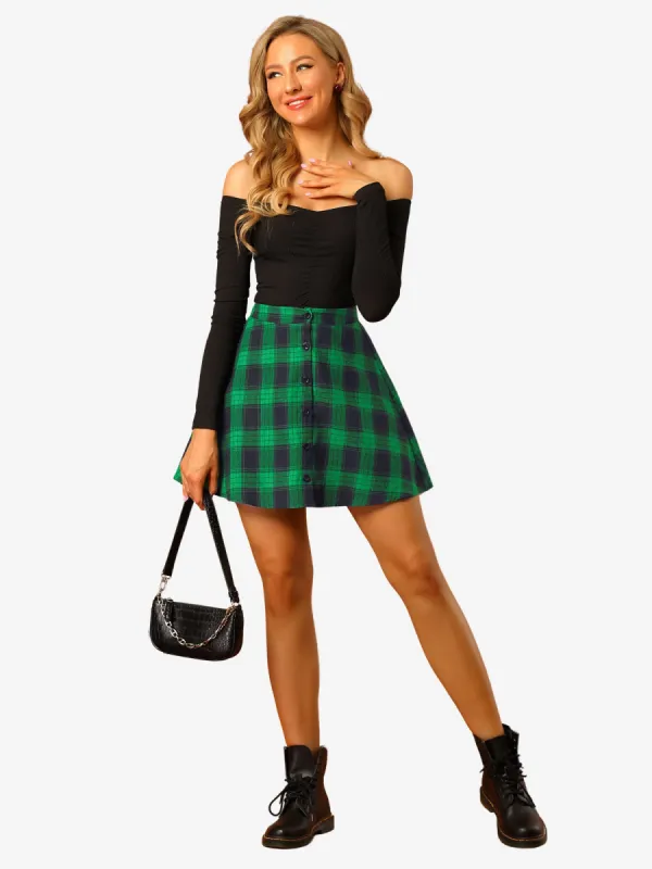 Saint Patrick's Day Button Front A-Line Mini Plaid Skater Skirt sold by Allegra K