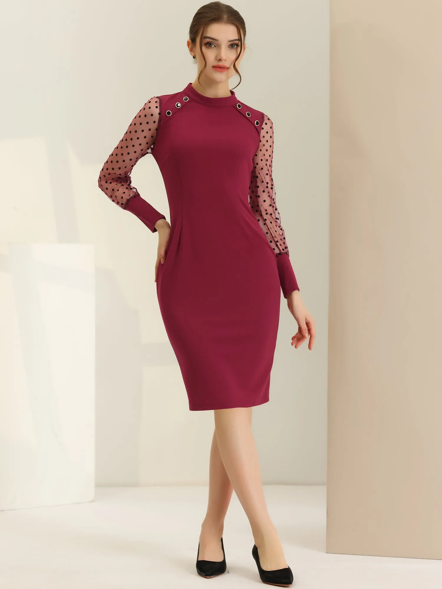 Mock Neck Mesh Dots Long Sleeve Bodycon Midi Sheath Dress sold by Allegra K product image thumbnail 5
