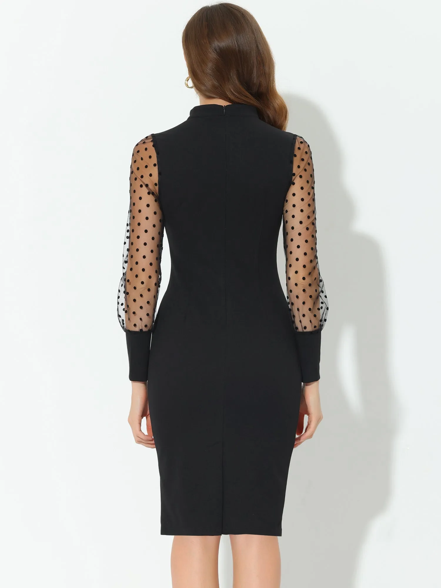 Mock Neck Mesh Dots Long Sleeve Bodycon Midi Sheath Dress sold by Allegra K product image thumbnail 4