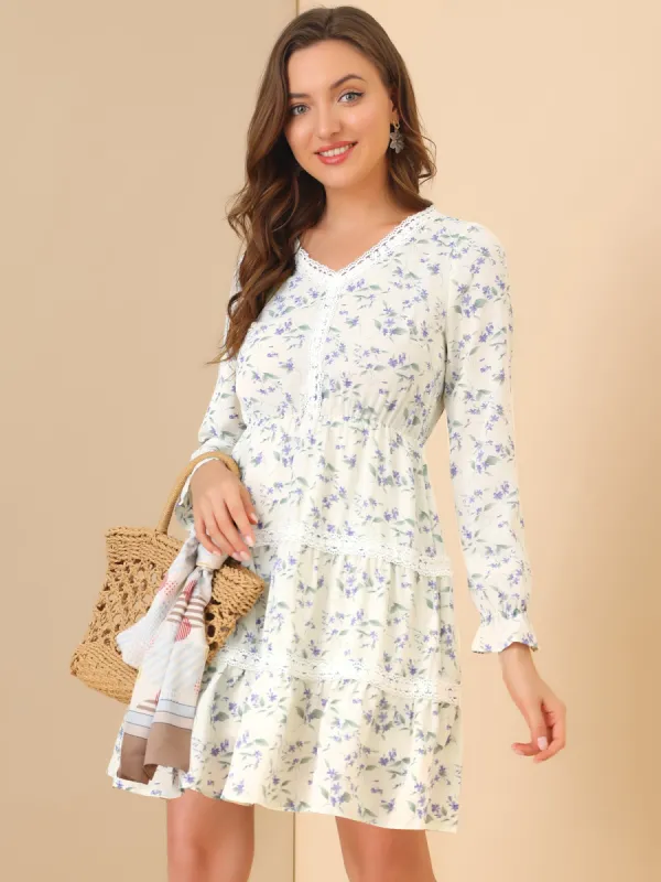 Lace Trim Tiered Hem Mini Long Sleeve V Neck Floral Dress sold by Allegra K