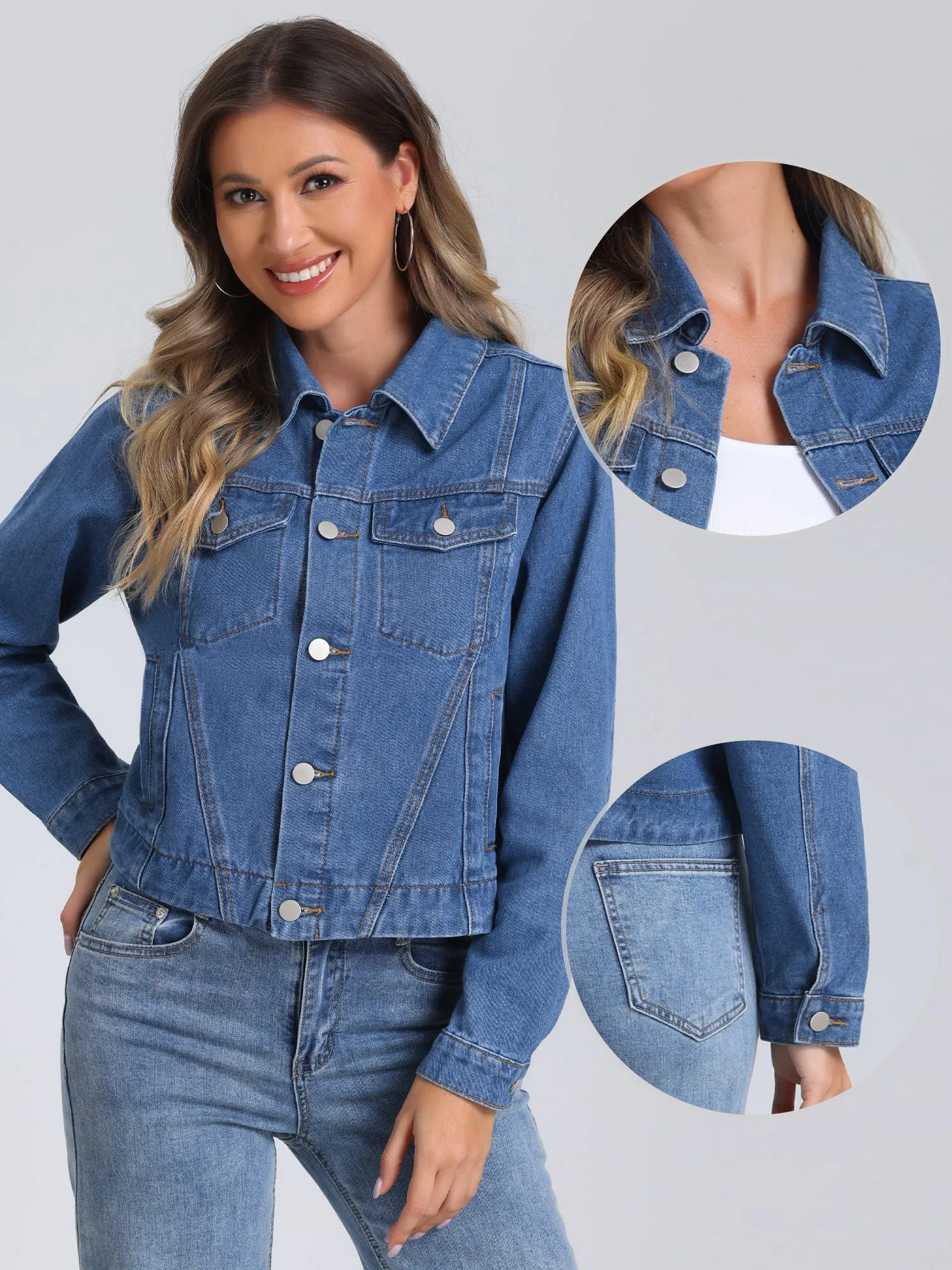 Collar Long Sleeve Button Down Cropped Denim Jean Jacket sold by Allegra K product image thumbnail 2