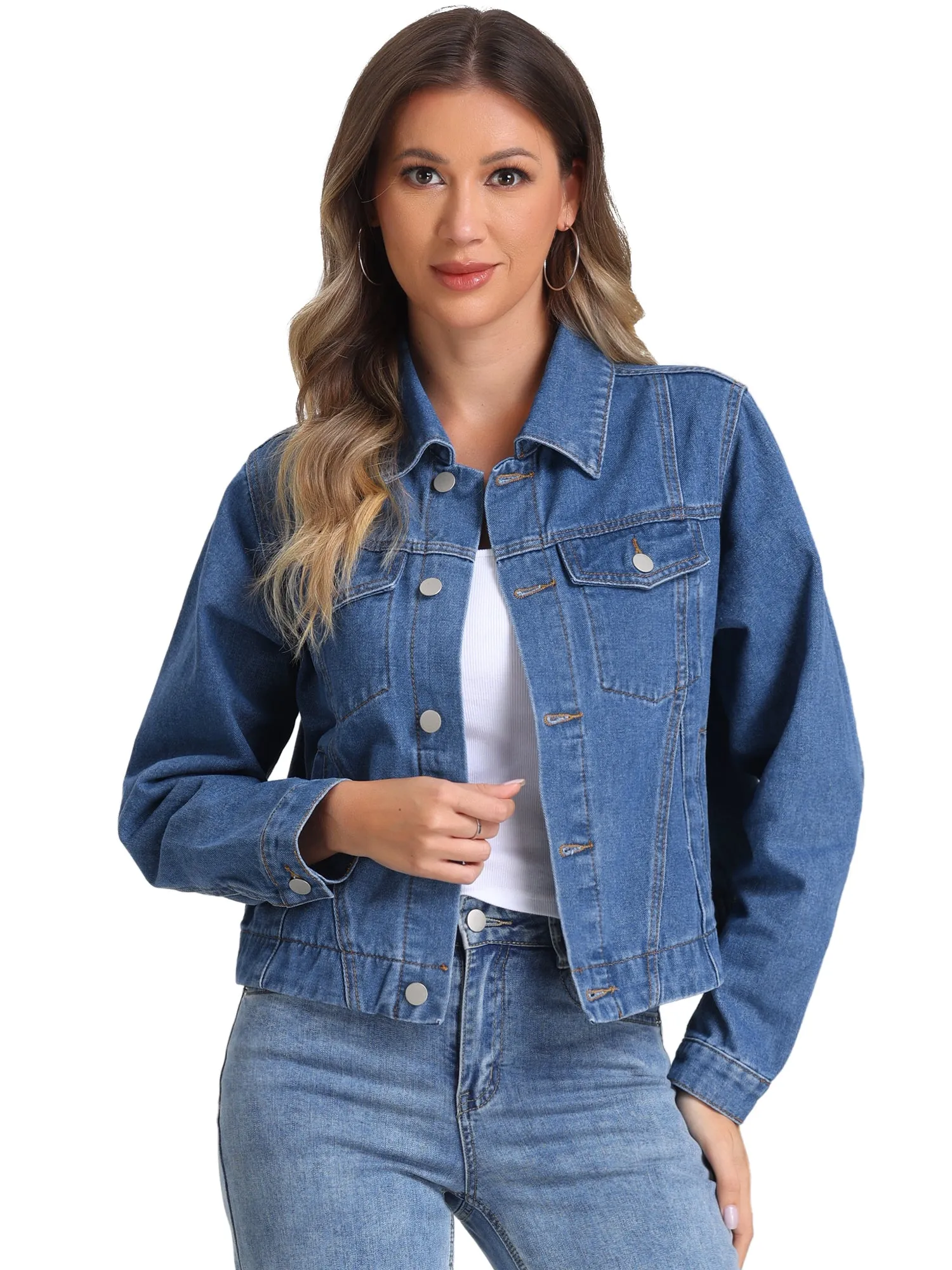 Collar Long Sleeve Button Down Cropped Denim Jean Jacket sold by Allegra K product image thumbnail 4