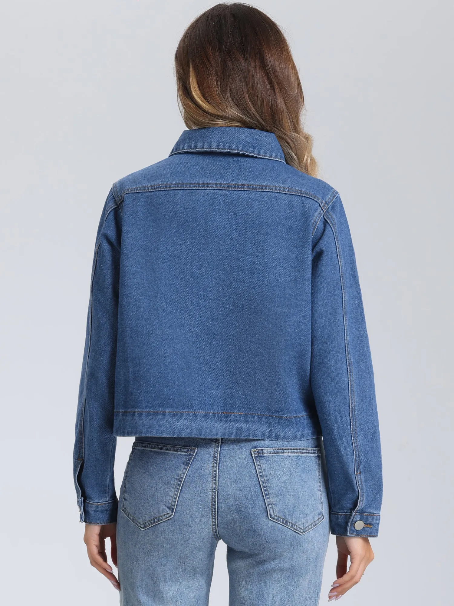 Collar Long Sleeve Button Down Cropped Denim Jean Jacket sold by Allegra K product image thumbnail 3