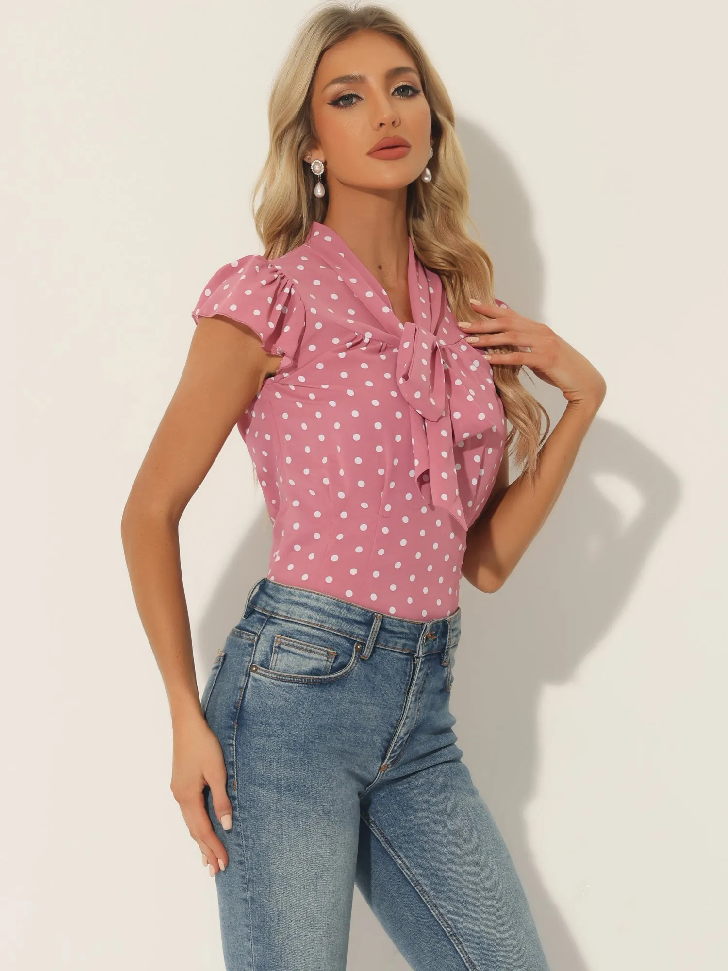Summer Polka Dots Top Bow Tie V Neck Ruffled Cap Sleeve Office Blouse sold by Allegra K