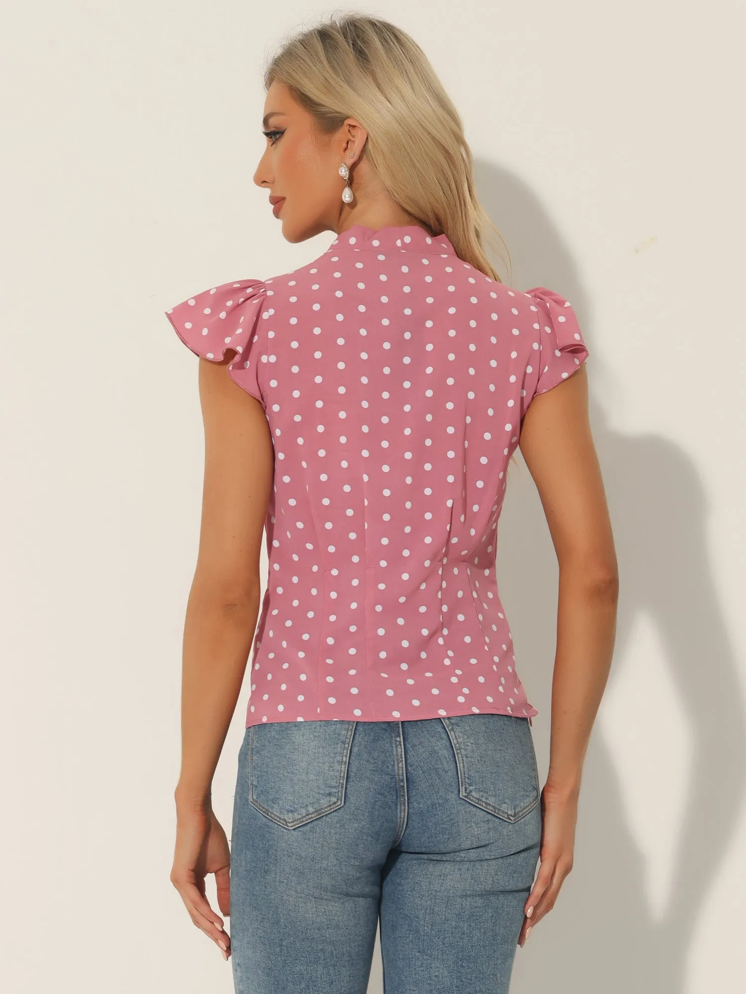 Summer Polka Dots Top Bow Tie V Neck Ruffled Cap Sleeve Office Blouse sold by Allegra K product image thumbnail 3