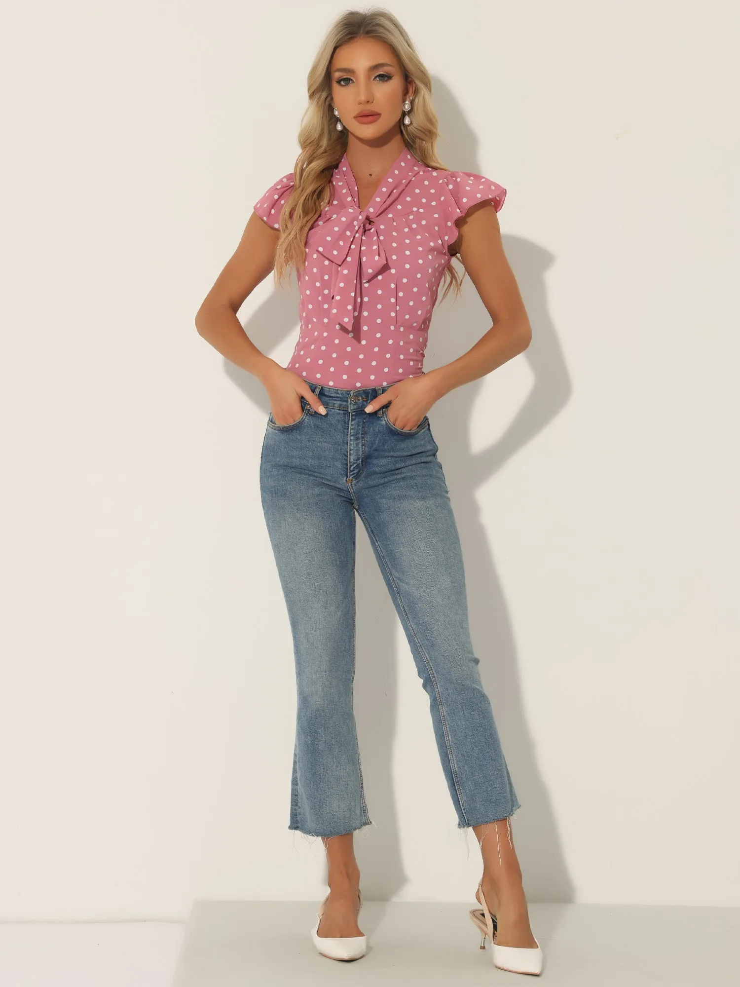 Summer Polka Dots Top Bow Tie V Neck Ruffled Cap Sleeve Office Blouse sold by Allegra K product image thumbnail 2