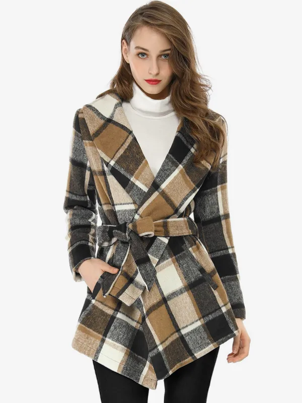 Turn Down Collar Asymmetric Hem Thin Plaids Wrap Coat sold by Allegra K