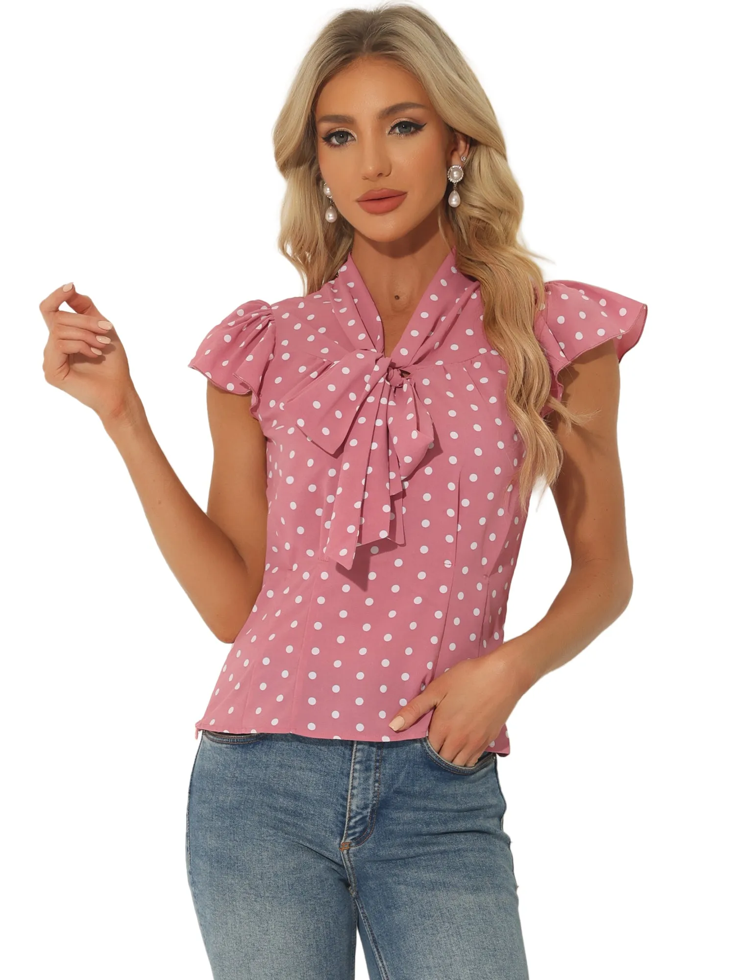 Summer Polka Dots Top Bow Tie V Neck Ruffled Cap Sleeve Office Blouse sold by Allegra K product image thumbnail 4