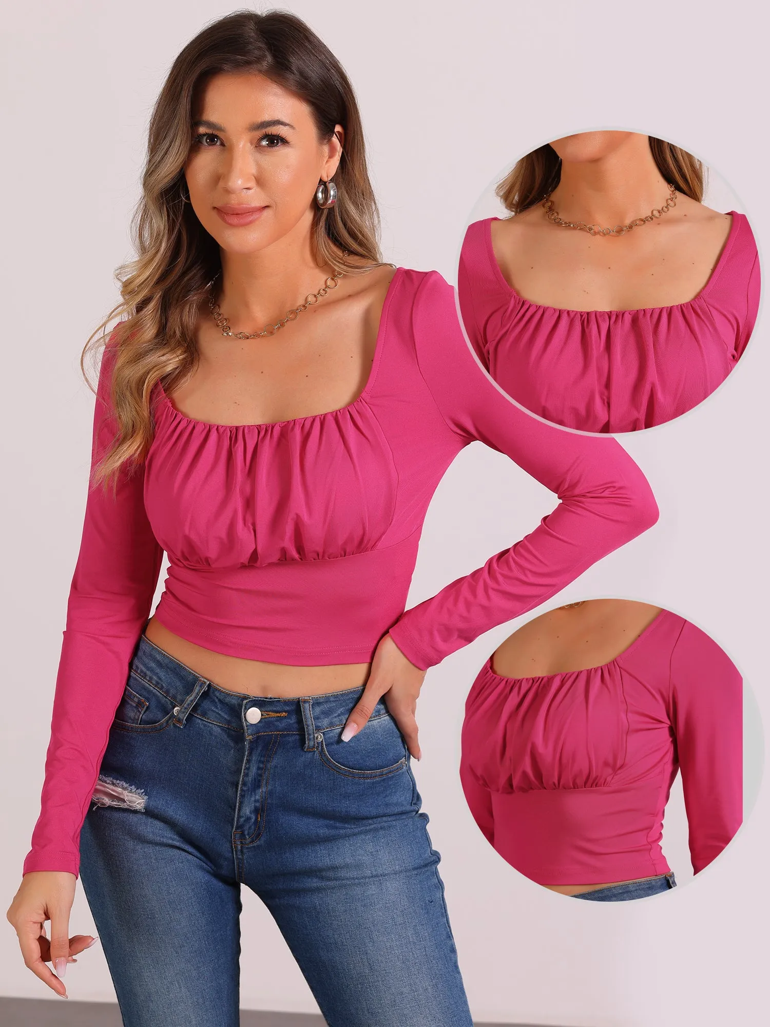 Ruched Long Sleeve Solid Fitted Cropped Blouse sold by Allegra K product image thumbnail 2