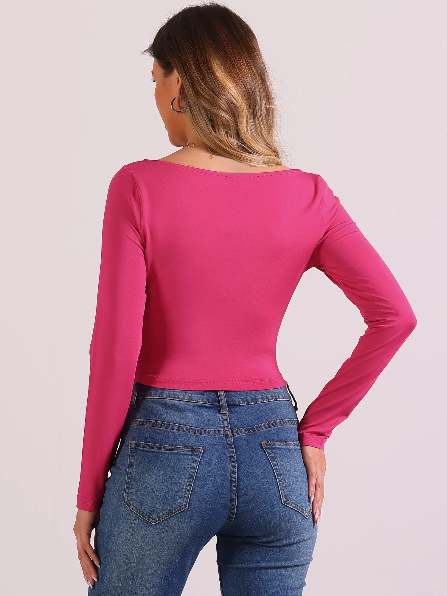 Ruched Long Sleeve Solid Fitted Cropped Blouse sold by Allegra K product image thumbnail 3