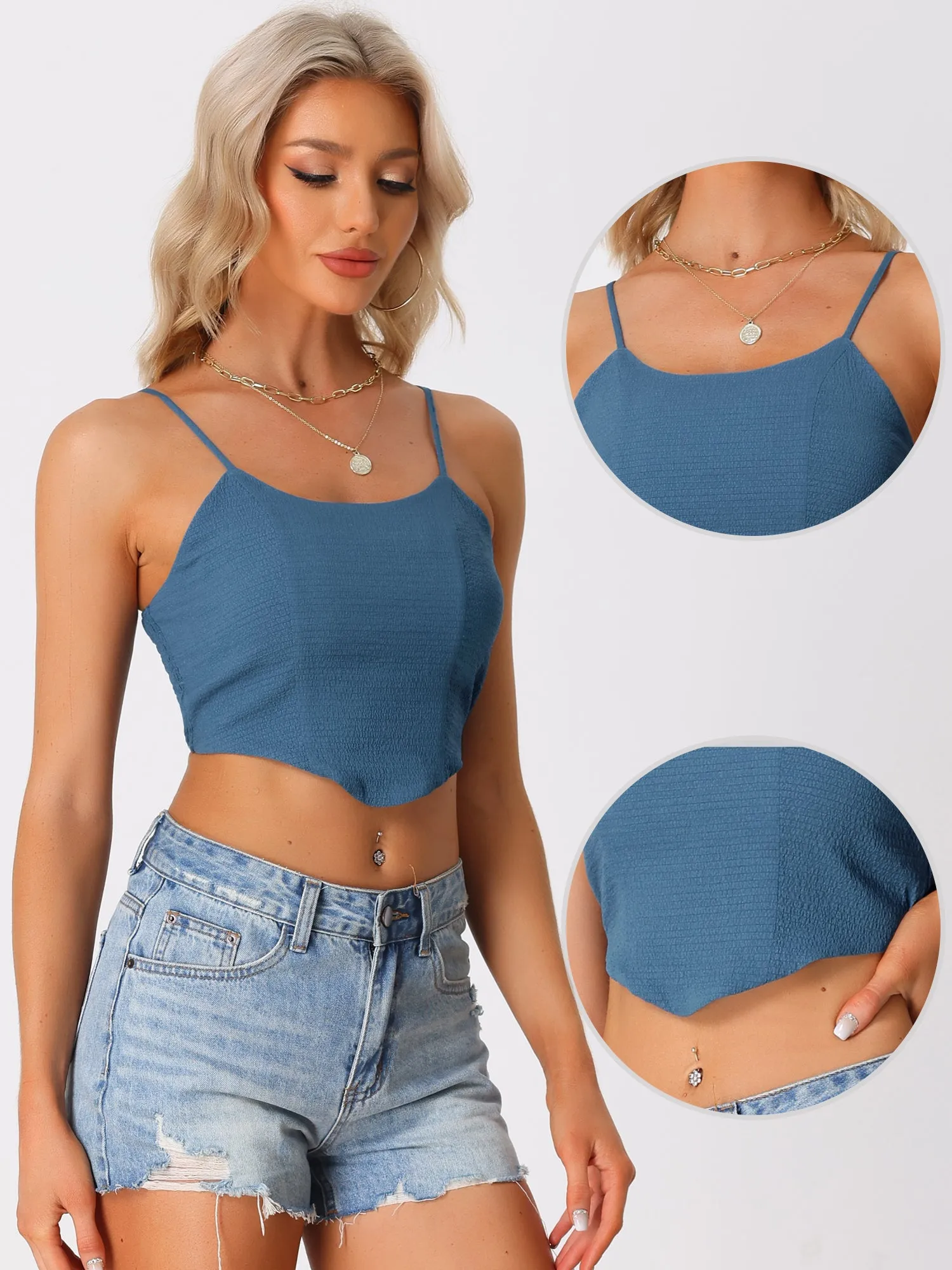 Spaghetti Strap Crop Top Asymmetrical Hem Textured Camisole sold by Allegra K product image thumbnail 2