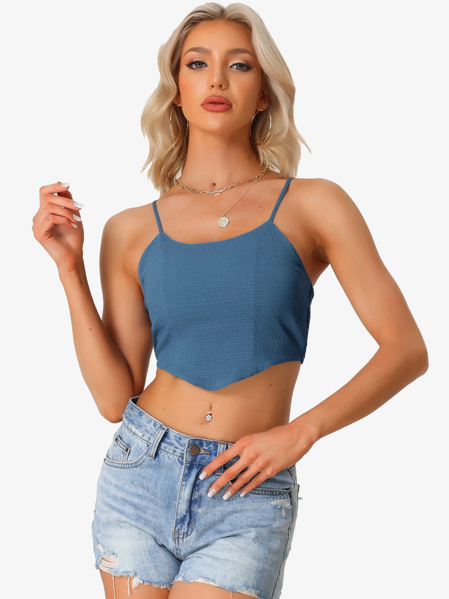 Spaghetti Strap Crop Top Asymmetrical Hem Textured Camisole sold by Allegra K