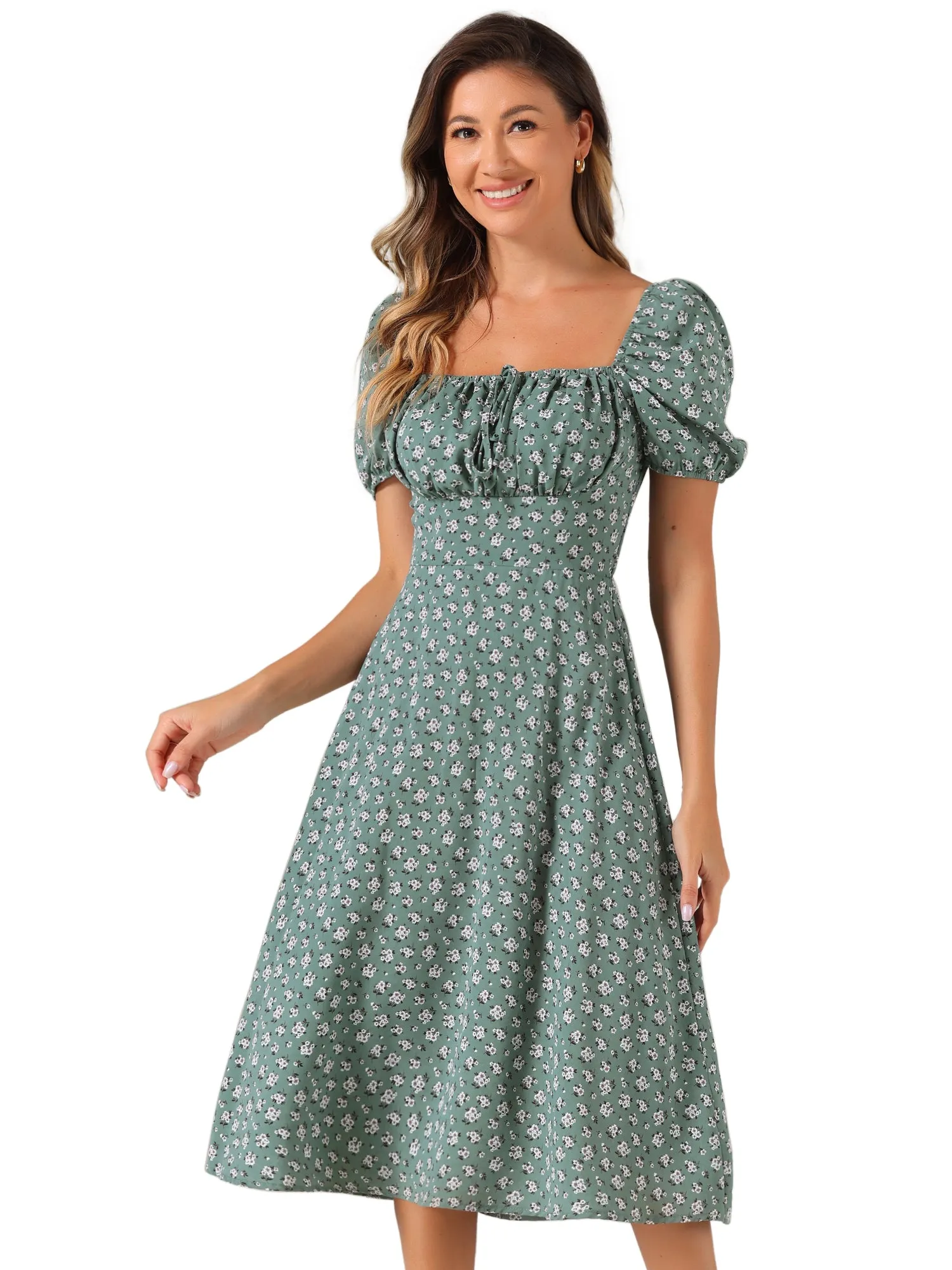 Square Neck Smocked Shirred Puff Sleeves Floral Midi Dress sold by Allegra K product image thumbnail 5