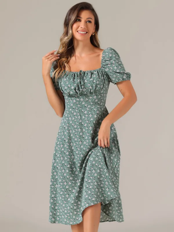 Square Neck Smocked Shirred Puff Sleeves Floral Midi Dress sold by Allegra K