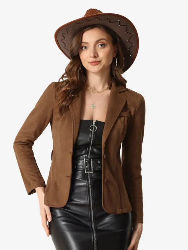 Faux Suede Blazer Notched Lapel Collar Casual Jacket with Belt sold by Allegra K