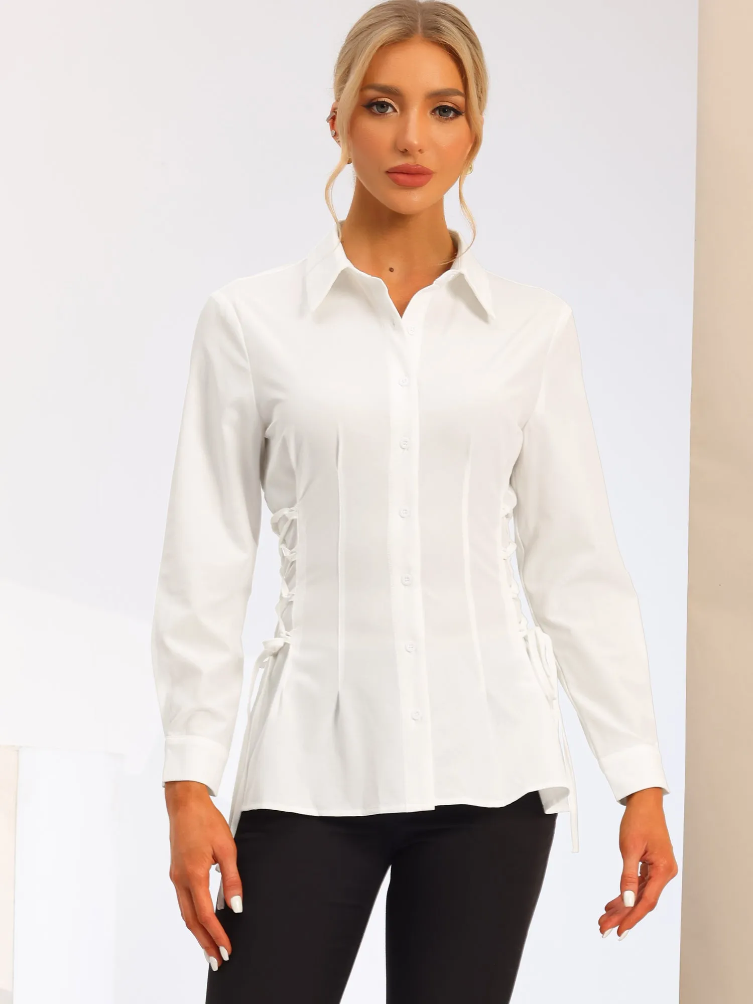 Lace Up Waist Lantern Sleeve Button Down Elegant Peplum Top sold by Allegra K product image thumbnail 2