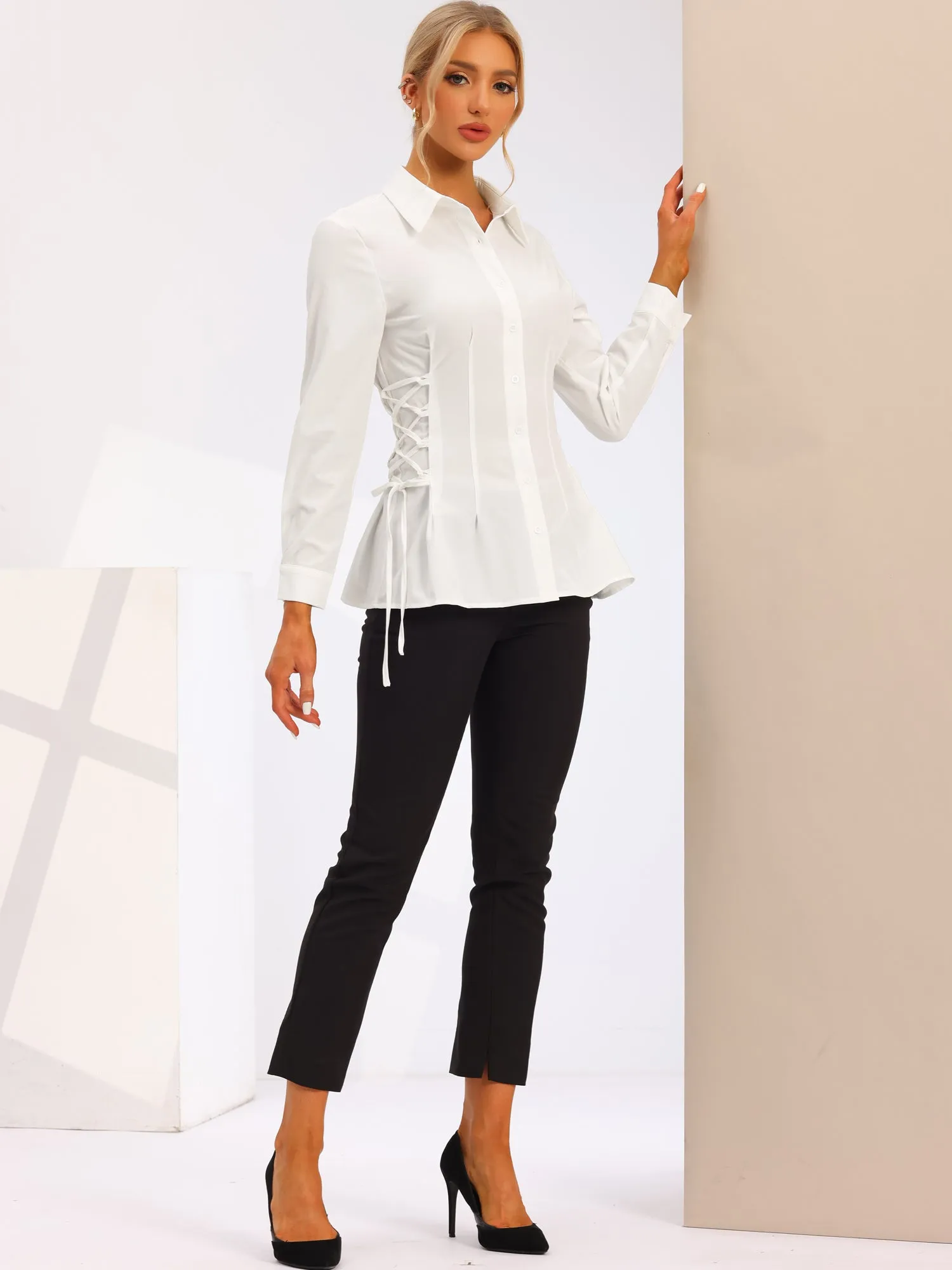 Lace Up Waist Lantern Sleeve Button Down Elegant Peplum Top sold by Allegra K