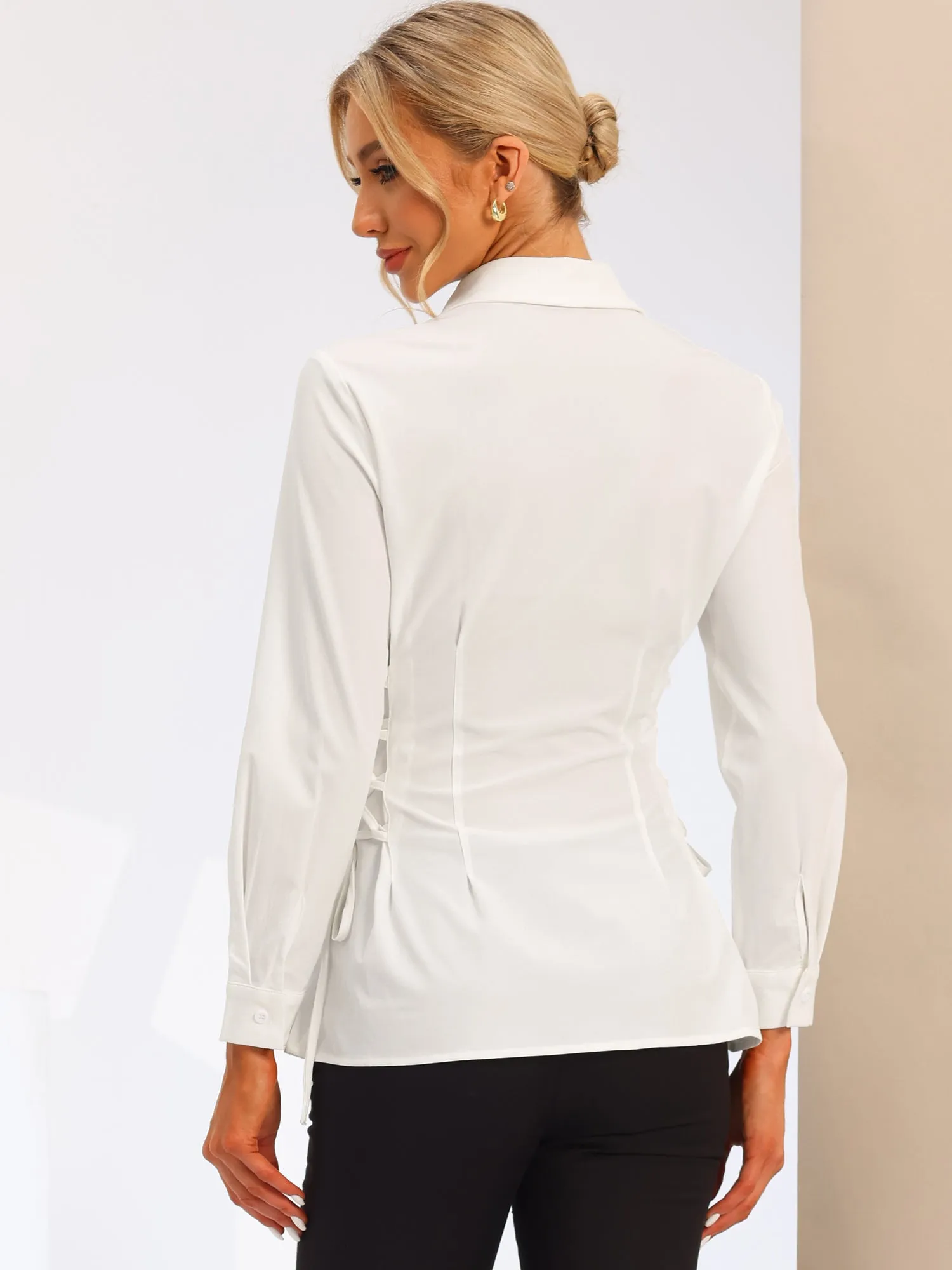 Lace Up Waist Lantern Sleeve Button Down Elegant Peplum Top sold by Allegra K product image thumbnail 3