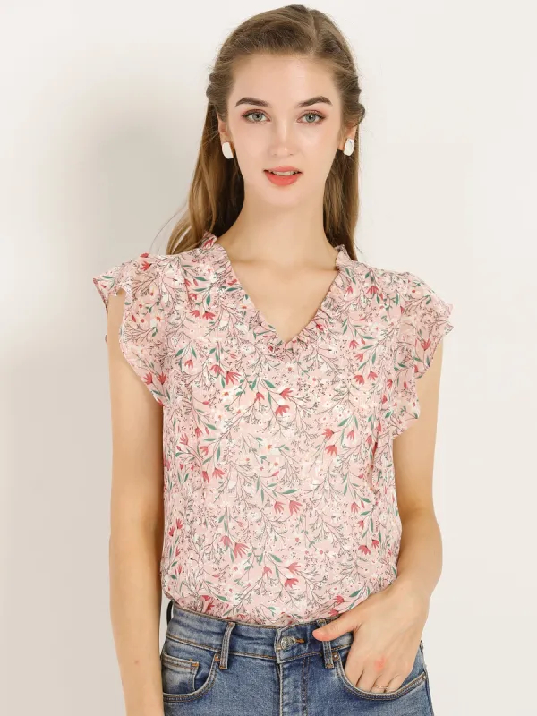 Ruffle Tops Casual V Neck Cap Sleeve Floral Blouse sold by Allegra K