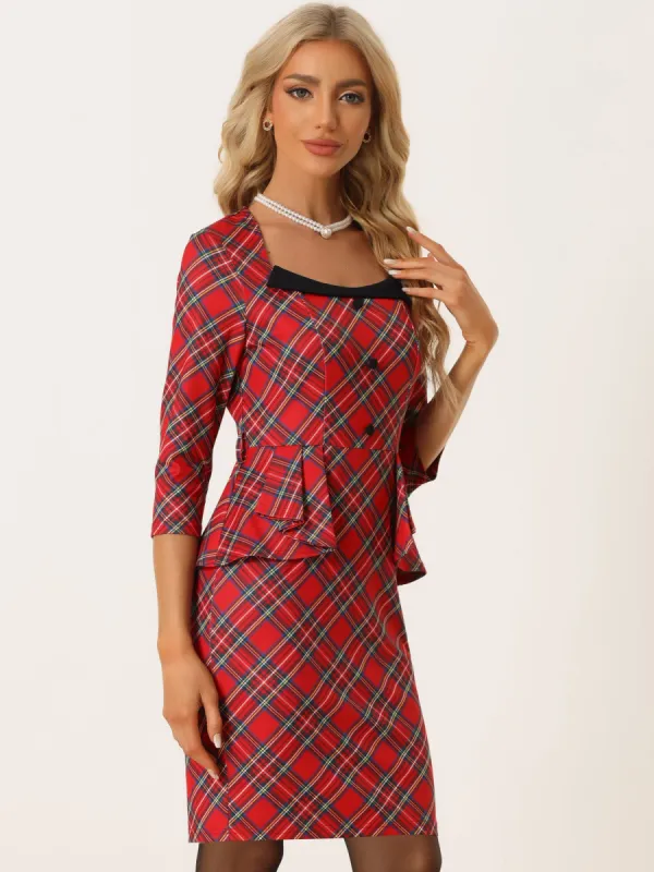 Plaid 3/4 Sleeve Belt Peplum Bodycon Pencil Sheath Dress sold by Allegra K