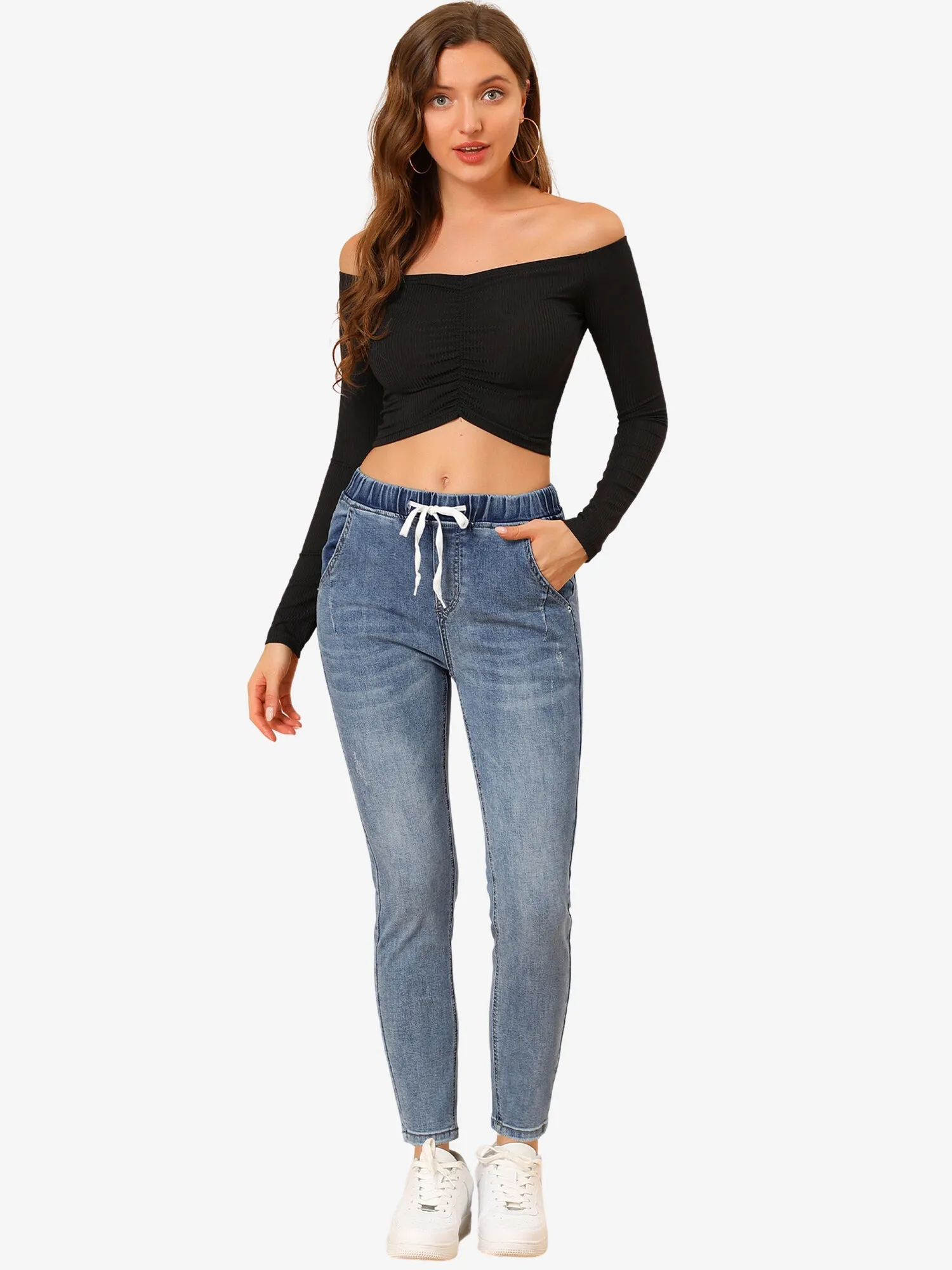 Skinny Jeans High Waisted Drawstring Casual Stretch Denim Pants sold by Allegra K