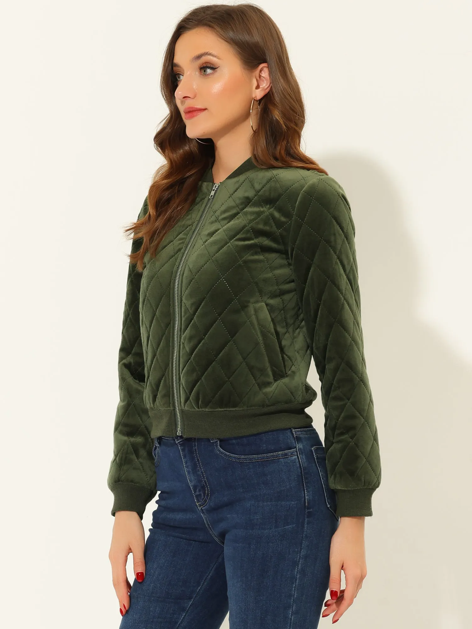 Zip Up Long Sleeve Velvet Surface Diamond Quilted Bomber Jacket sold by Allegra K product image thumbnail 3